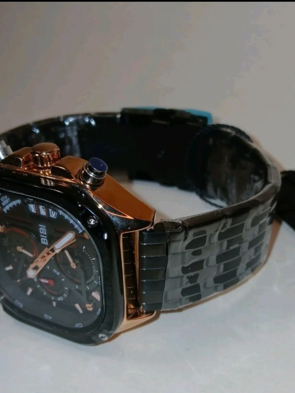 BIBI Mens Modern Square Case Quartz Watch Rose Gold Accent Black Steel Band NEW